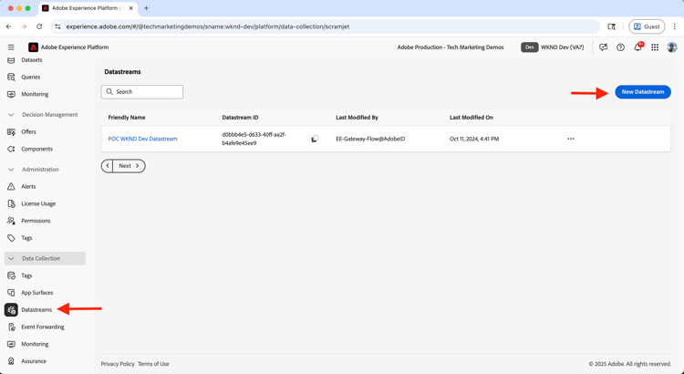 Erstellen eines neuen Datenstroms