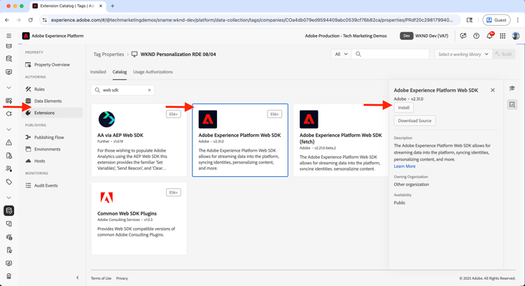 Installieren der Web SDK-Erweiterung