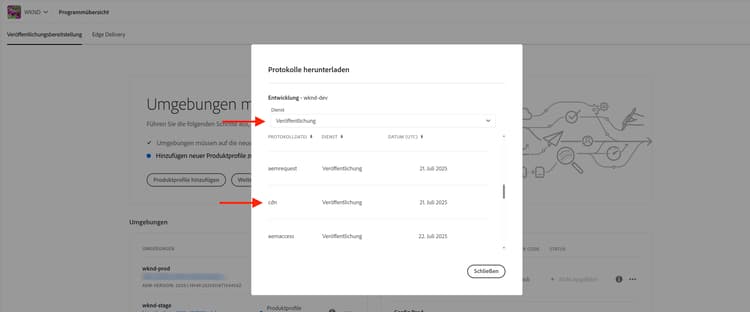 Downloads von Cloud Manager-CDN-Protokollen