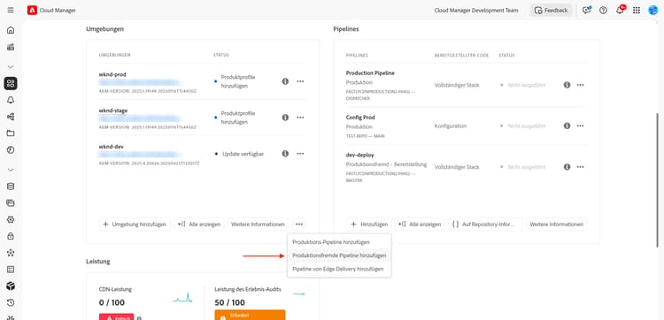 Cloud Manager – Pipelines-Karte