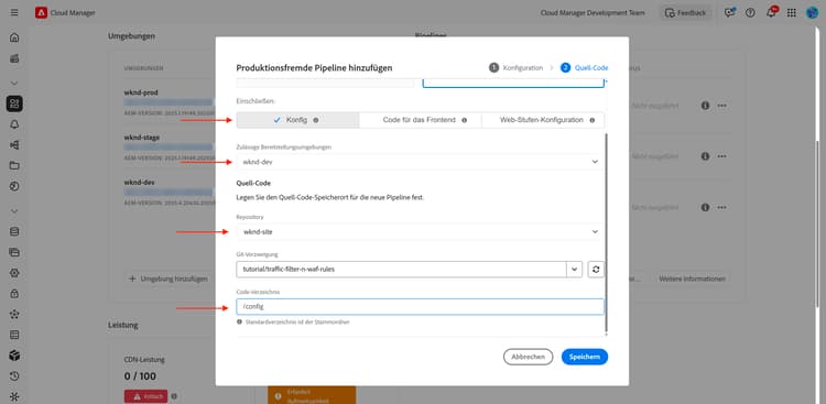 Dialogfeld „Cloud Manager-Konfigurations-Pipeline“