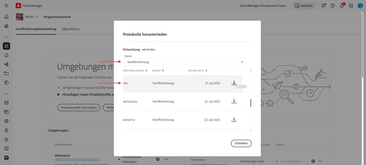Downloads von Cloud Manager-CDN-Protokollen