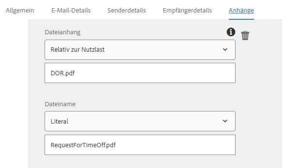 Registerkarte „Anhänge“ der Komponente „E-Mail senden“