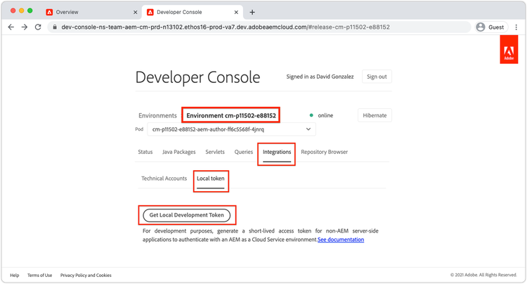 AEM Developer Console – Integrationen – Abrufen eines lokalen Entwicklungs-Token