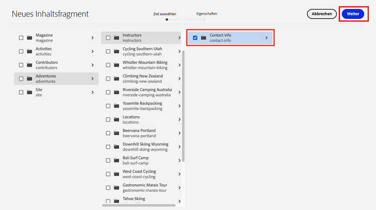 Modal für neues Inhaltsfragment