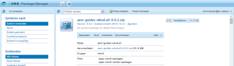Package Manager-Installation von wknd.all