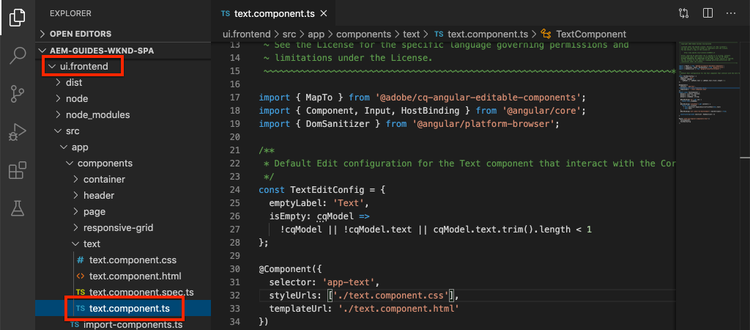 Quell-Code der Angular-Komponente in text.js