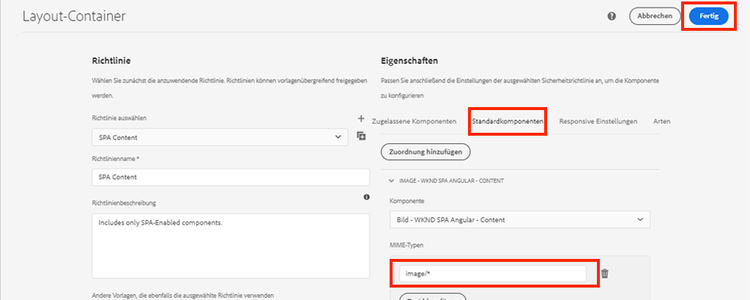 Festlegen der Standardkomponenten