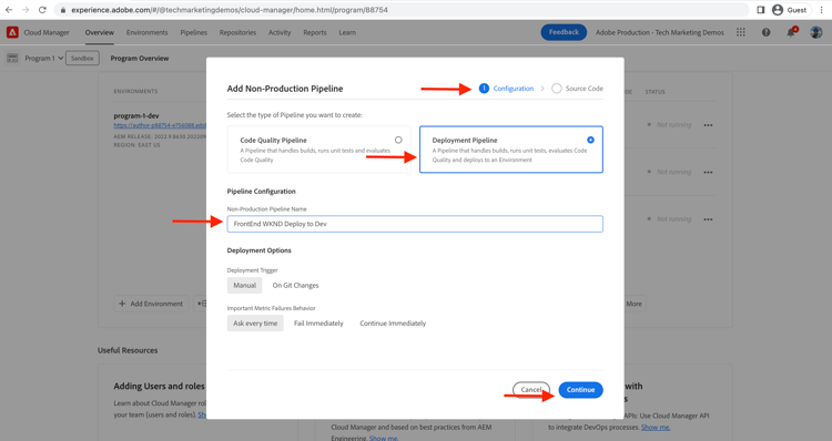 Create Front-End Pipeline Configurations