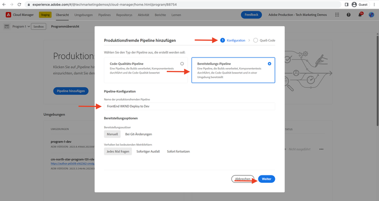 Erstellen von Frontend-Pipeline-Konfigurationen