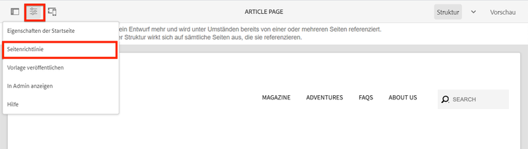 Menüoption „Seitenrichtlinie“ der Artikelseiten-Vorlage