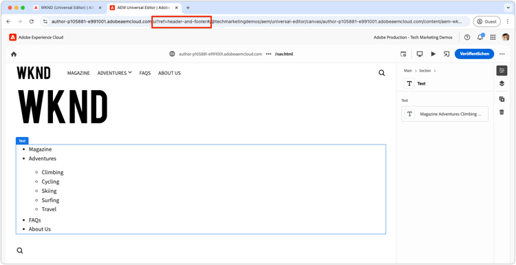 Kopfzeile im universellen Editor