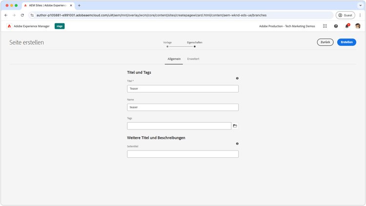 AEM Sites – Erstellen einer Seite „Teaser“