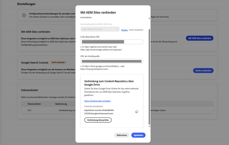 Dialogfeld „Mit AEM Sites verbinden“ mit dem Google Drive-Service-Konto für den Freigabezugriff