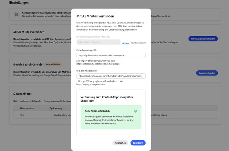 Dialogfeld „Mit AEM Sites verbinden“, in dem keine Aktion für die SharePoint-Domain von Adobe erforderlich ist