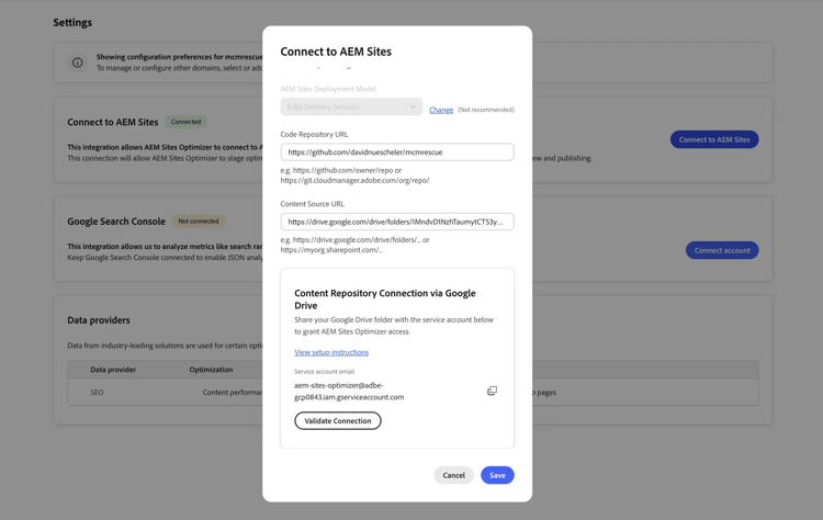 Dialogfeld „Mit AEM Sites verbinden“ mit dem Google Drive-Service-Konto für den Freigabezugriff
