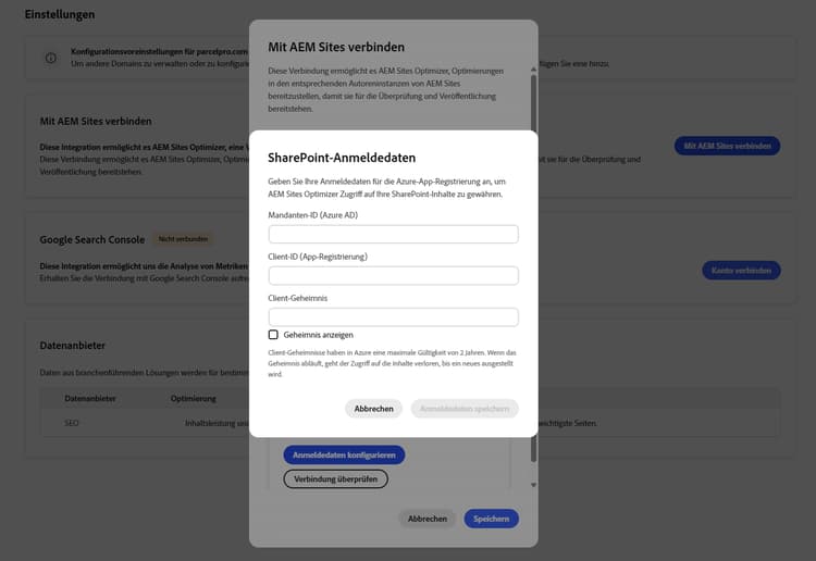 Dialogfeld „Mit AEM Sites verbinden“ mit den Feldern für die SharePoint-Anmeldeinformationen