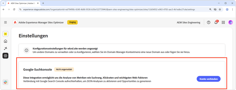 Sites Optimizer-Einstellungen für die Google Search Console