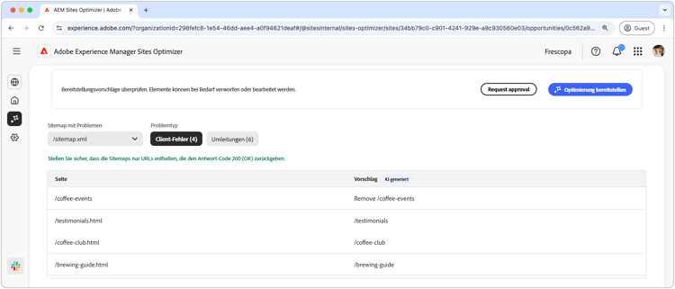 Automatisches Identifizieren von Client-Fehlern in der Sitemap