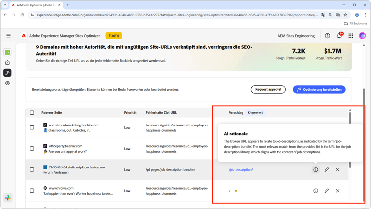 Automatische Vorschläge für fehlerhafte Backlinks