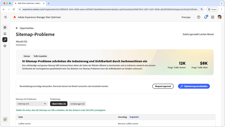 Möglichkeit „Sitemap-Probleme“