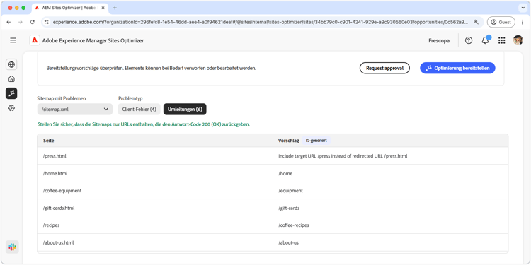 Automatisches Identifizieren von Client-Fehlern in der Sitemap