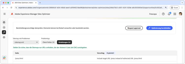 Automatisches Optimieren von Sitemap-Problemen