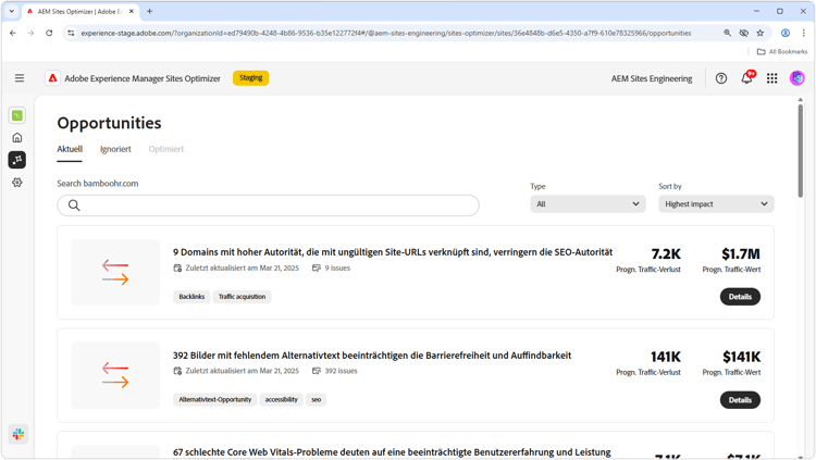 Möglichkeiten in Sites Optimizer