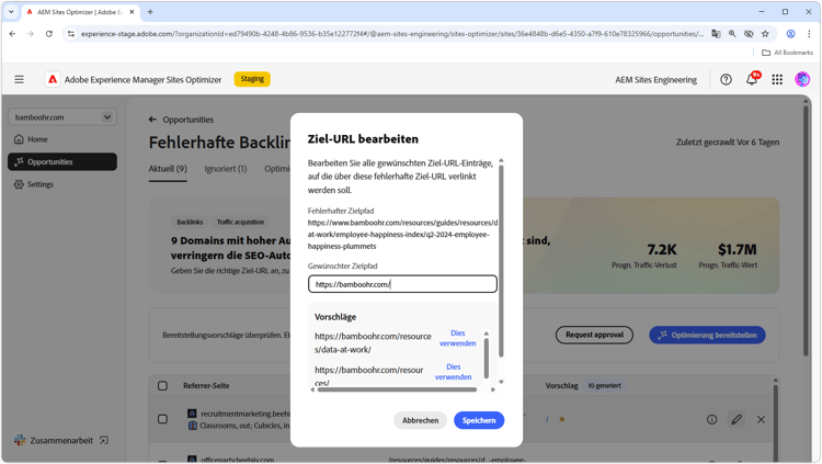 Bearbeiten der vorgeschlagenen URL mit fehlerhaften Backlinks