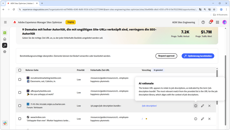 KI-Begründung für automatische Vorschläge für fehlerhafte Backlinks