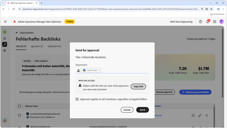 Anfordern der Genehmigung bei fehlerhaften Backlinks