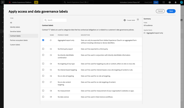 Wählen Sie die Zugriffsbeschriftungen in aus, die für den Ziel-Datenfluss gelten sollen.