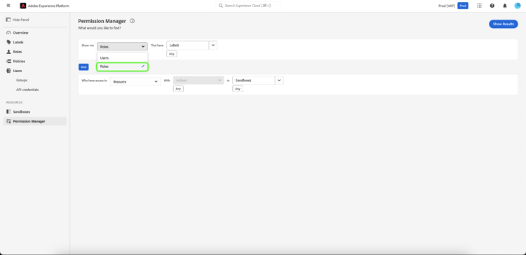 Die Dropdown-Liste mit hervorgehobenen Rollen.