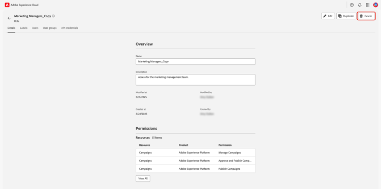 Der Arbeitsbereich einer einzelnen Rolle mit hervorgehobener Option „Löschen“.