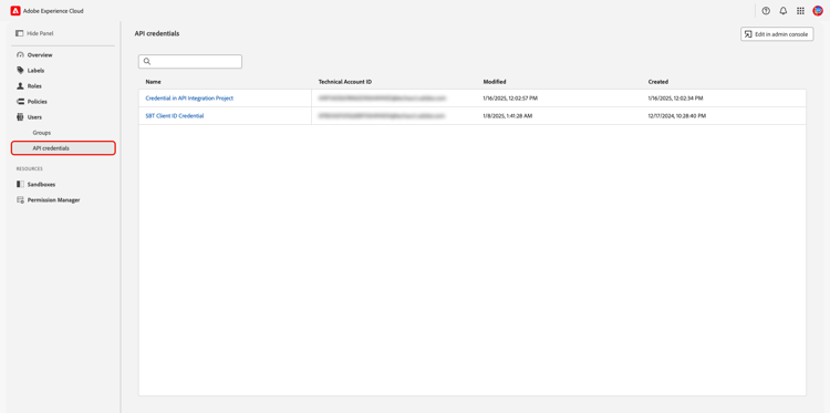 Der Arbeitsbereich API-Anmeldeinformationen innerhalb von Berechtigungen.