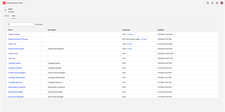 Der Arbeitsbereich Rollen der Sandbox.
