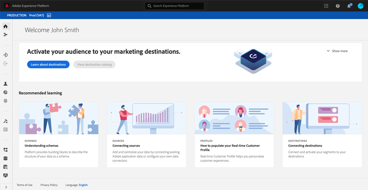 Die Startseite der Adobe Experience Platform-Benutzeroberfläche.