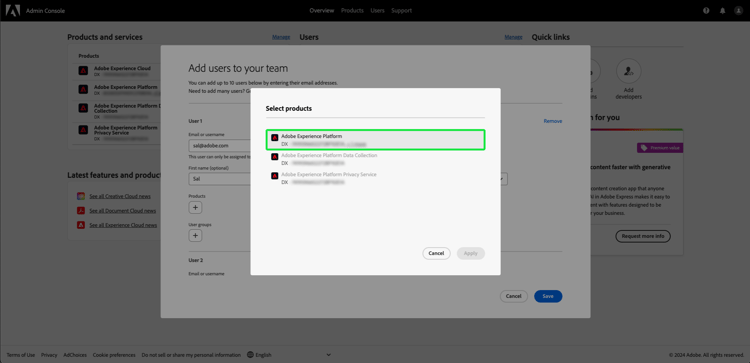 Dialogfeld „Produkte auswählen“ mit einer Liste von drei Produkten und der hervorgehobenen Adobe Experience Platform-Option.