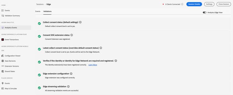 Ein Bild, das die Registerkarte „Validatoren“ in der Ansicht „Analytics Edge anzeigt.