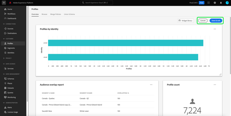 Das Profil-Dashboard mit hervorgehobenem Abbrechen und Speichern sowie Beenden.