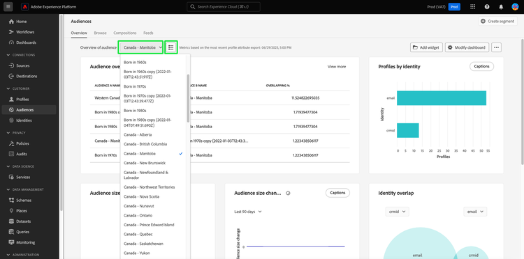 Die Übersicht über das Audiences-Dashboard mit dem Dropdown-Menü für globale Zielgruppen wurde hervorgehoben.