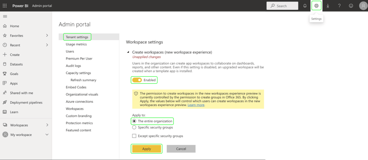 Das Power BI Admin-Portal zur Erstellung von Arbeitsbereichseinstellungen.