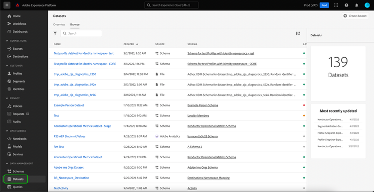 Das Dashboard zum Durchsuchen von Datensätzen , wobei die Registerkarte Datensätze im linken Navigationsbereich hervorgehoben ist.