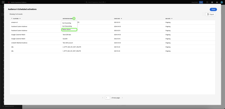 Ein Dropdown-Menü für Tabellenspalten mit hervorgehobener Option „Spaltengröße ändern“