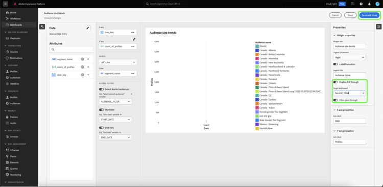 Bedienfeld Diagrammeigenschaftenmit hervorgehobener Option Drillthrough aktivieren, Ziel-Dashboardund Filter-Pass-Through.