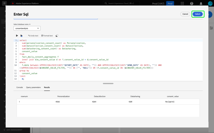 Das Dialogfeld SQL eingeben mit SQL-Eingabe, die Registerkarte Ergebnissewird angezeigt und die Option Auswählenwurde hervorgehoben.