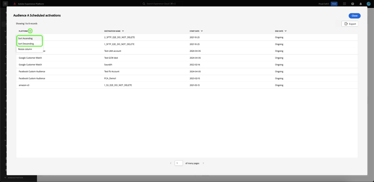 Ein Dropdown-Menü mit Tabellenspalten, in dem die Optionen Aufsteigend sortieren und Absteigend sortieren hervorgehoben sind.