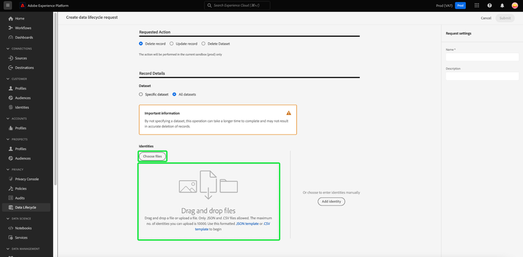 Der Workflow für die Anforderungserstellung mit der Auswahl von Dateien und der hervorgehobenen Drag Drop-Oberfläche zum Hochladen von JSON-Dateien.