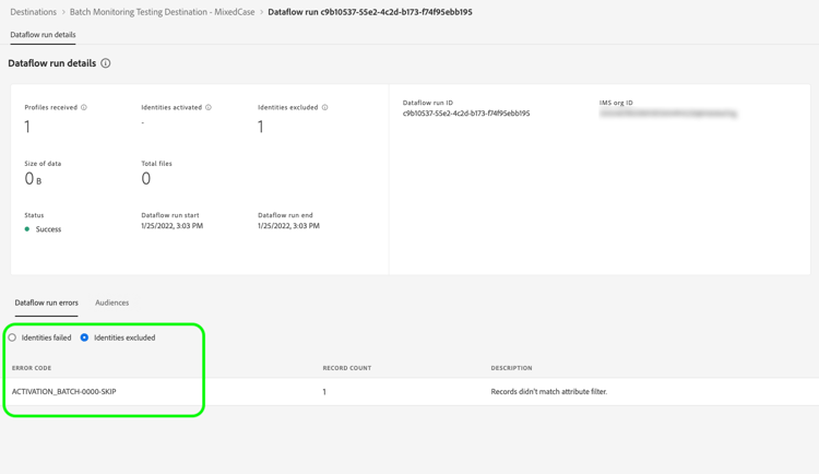 Datenfluss-Datensätze für Batch-Ziele mit hervorgehobener Fehlermeldung.