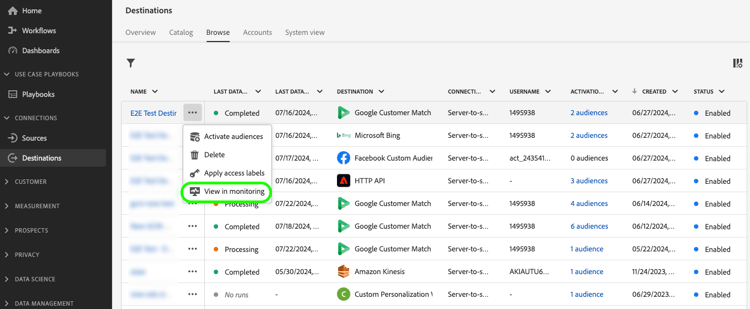 Wählen Sie im Ziel-Workflow die Option In Überwachung anzeigen aus, um weitere Informationen zu einem Datenfluss zu erhalten.